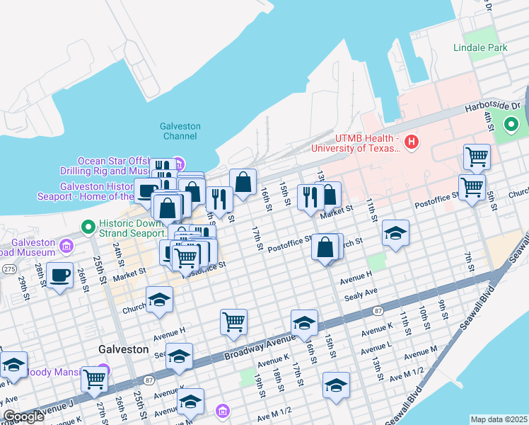 map of restaurants, bars, coffee shops, grocery stores, and more near 1610 Mechanic Street in Galveston