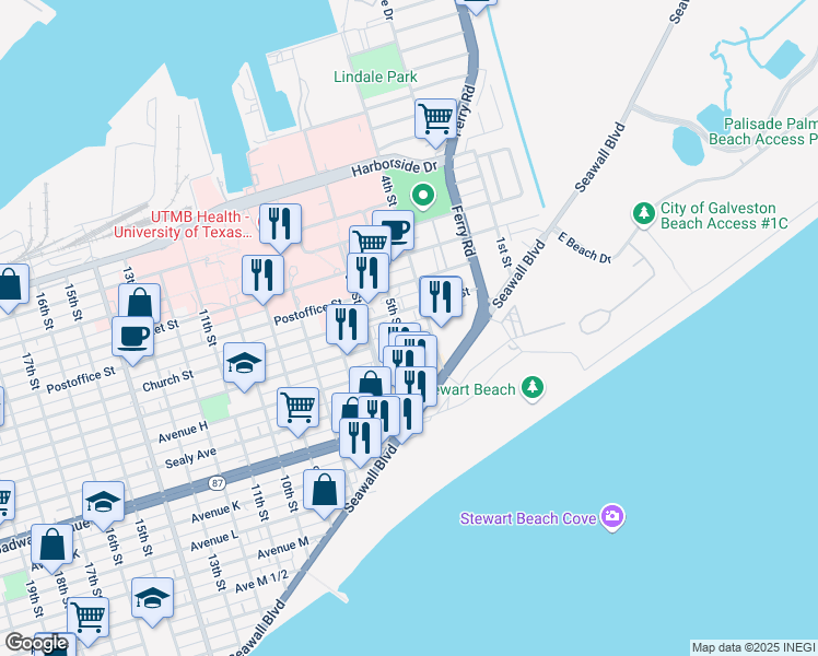 map of restaurants, bars, coffee shops, grocery stores, and more near 615 Holiday Drive in Galveston