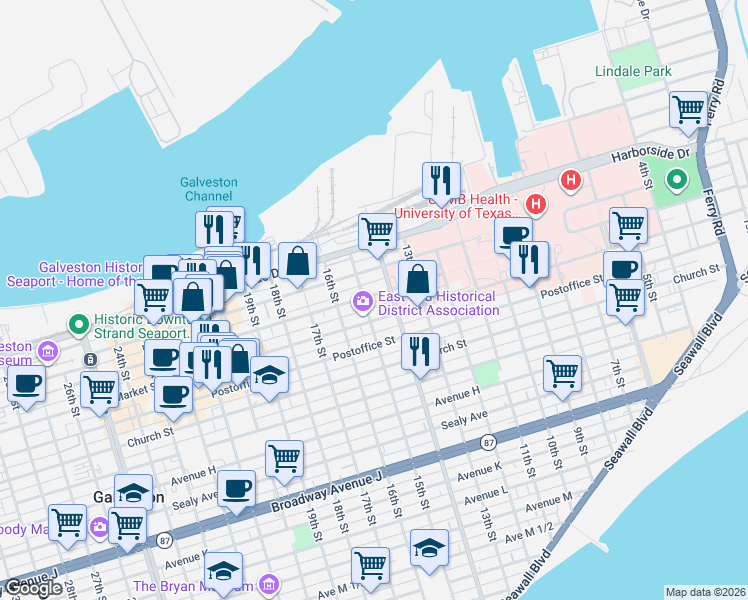 map of restaurants, bars, coffee shops, grocery stores, and more near 1501 Mechanic Street in Galveston