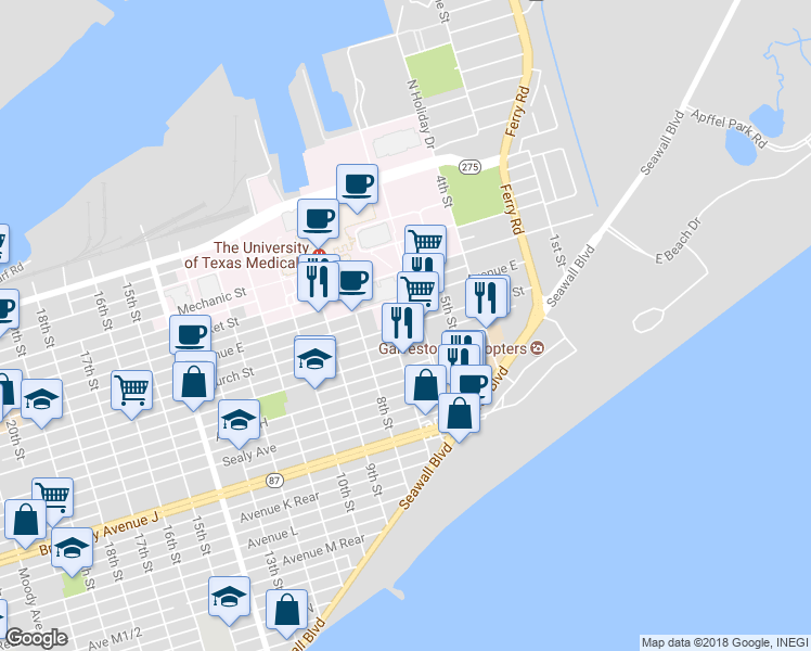 map of restaurants, bars, coffee shops, grocery stores, and more near 615 Church Rear Street in Galveston
