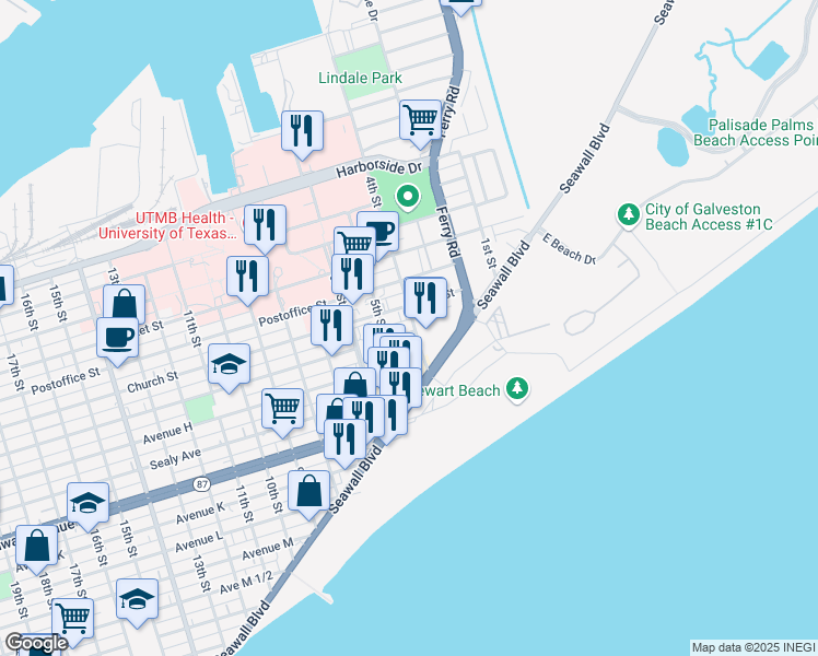 map of restaurants, bars, coffee shops, grocery stores, and more near 615 Holiday Drive in Galveston