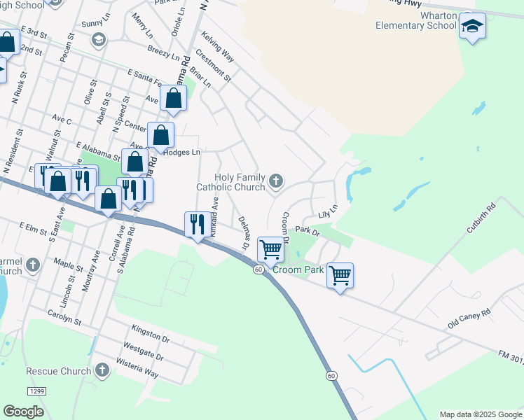 map of restaurants, bars, coffee shops, grocery stores, and more near 1930 Briar Lane in Wharton