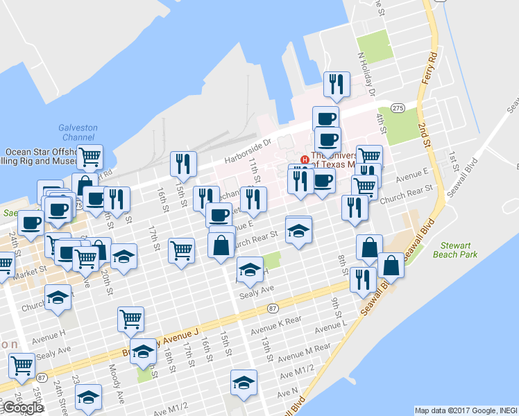 map of restaurants, bars, coffee shops, grocery stores, and more near 1111 Market Avenue Drive in Galveston