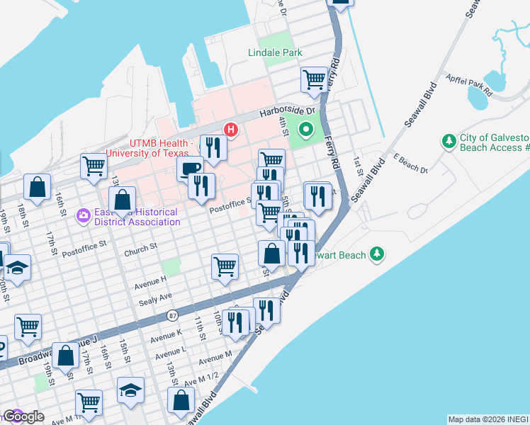 map of restaurants, bars, coffee shops, grocery stores, and more near 617 Church Street in Galveston
