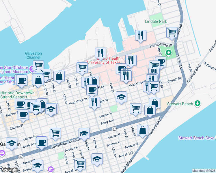 map of restaurants, bars, coffee shops, grocery stores, and more near 1115 Market Street in Galveston