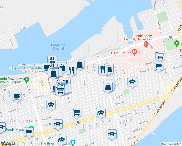 map of restaurants, bars, coffee shops, grocery stores, and more near 1610 Mechanic Street in Galveston