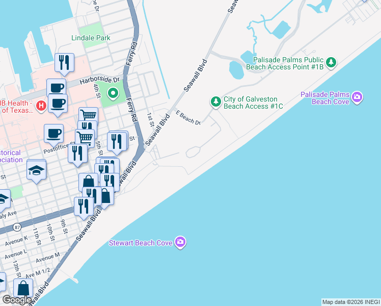 map of restaurants, bars, coffee shops, grocery stores, and more near 49 Grand Beach Blvd in Galveston