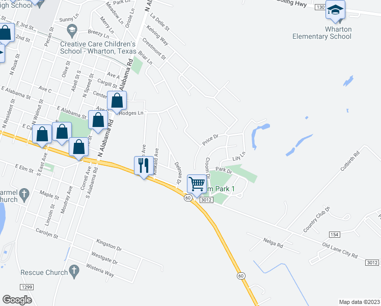 map of restaurants, bars, coffee shops, grocery stores, and more near 1930 Briar Lane in Wharton