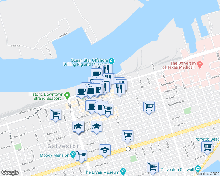 map of restaurants, bars, coffee shops, grocery stores, and more near 100 20th Street in Galveston