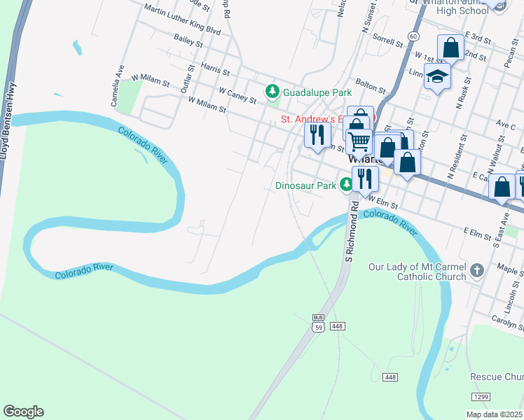 map of restaurants, bars, coffee shops, grocery stores, and more near 516 South Ford Street in Wharton