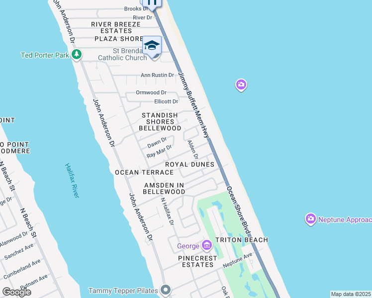 map of restaurants, bars, coffee shops, grocery stores, and more near 185 Ocean Terrace in Ormond Beach