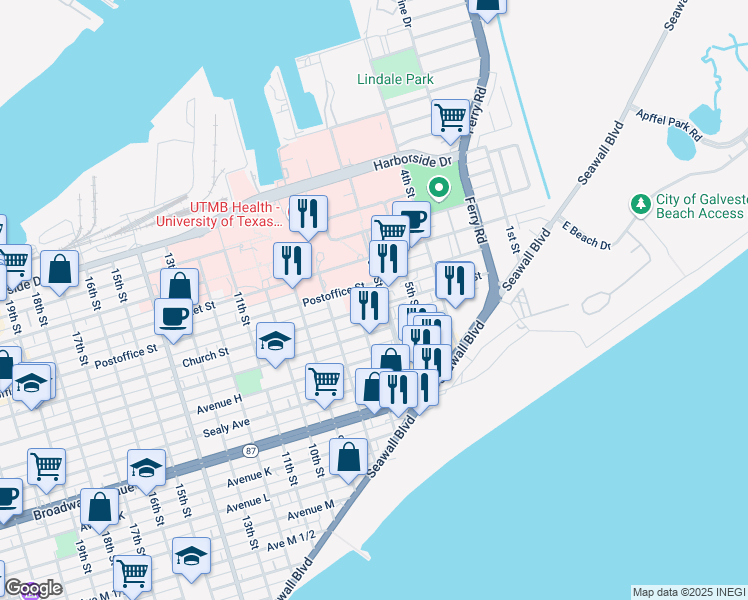 map of restaurants, bars, coffee shops, grocery stores, and more near 617 Church Street in Galveston