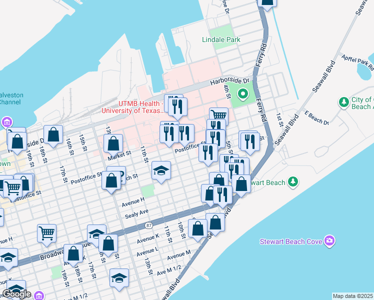 map of restaurants, bars, coffee shops, grocery stores, and more near 728 Church Street in Galveston