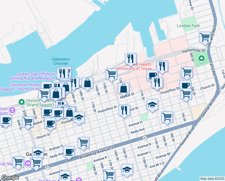 map of restaurants, bars, coffee shops, grocery stores, and more near 1408 Mechanic Street in Galveston