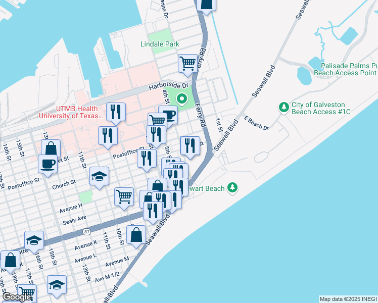 map of restaurants, bars, coffee shops, grocery stores, and more near 615 Holiday Drive in Galveston