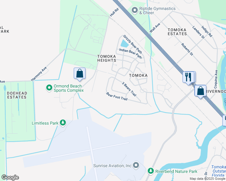 map of restaurants, bars, coffee shops, grocery stores, and more near 126 Bear Creek Path in Ormond Beach