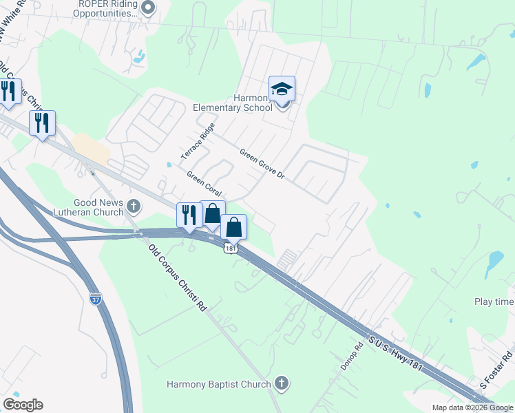 map of restaurants, bars, coffee shops, grocery stores, and more near 10826 Green Lake Street in San Antonio