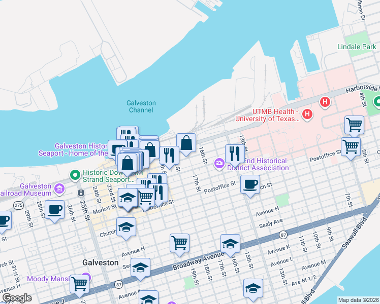 map of restaurants, bars, coffee shops, grocery stores, and more near 1728 17th Street in Galveston