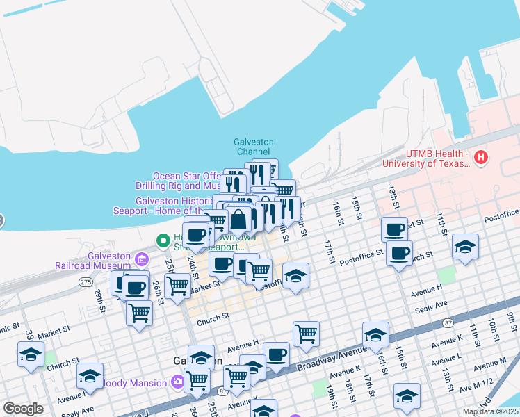 map of restaurants, bars, coffee shops, grocery stores, and more near 2000 Wharf Road in Galveston