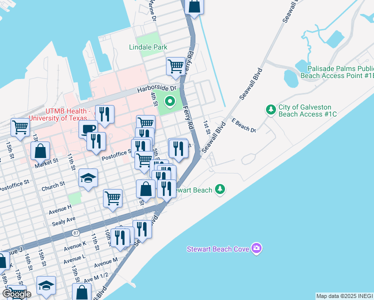 map of restaurants, bars, coffee shops, grocery stores, and more near 217 Church Street in Galveston