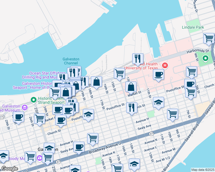 map of restaurants, bars, coffee shops, grocery stores, and more near 1524 Strand Street in Galveston