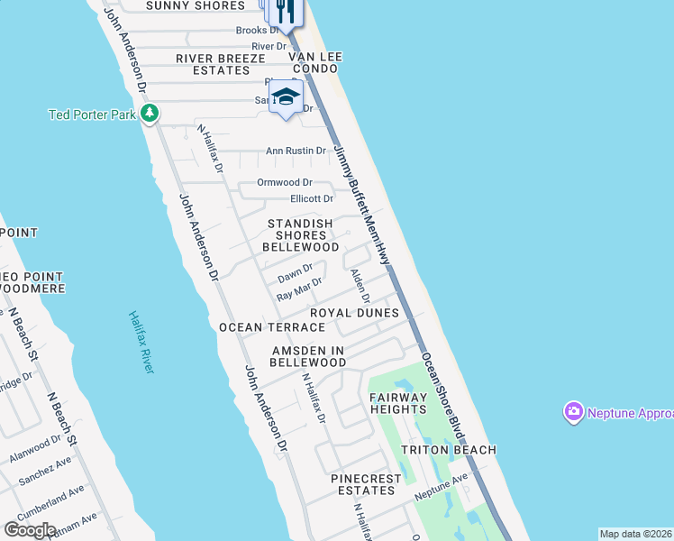 map of restaurants, bars, coffee shops, grocery stores, and more near 738 Alden Drive in Ormond Beach