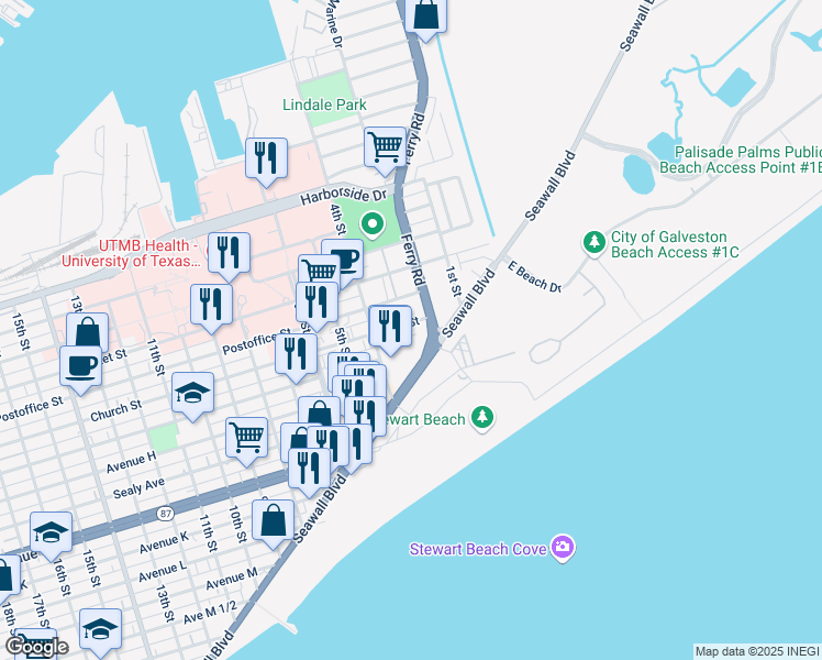 map of restaurants, bars, coffee shops, grocery stores, and more near 302 Church Street in Galveston
