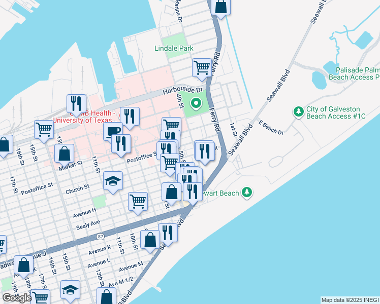 map of restaurants, bars, coffee shops, grocery stores, and more near 508 Holiday Drive in Galveston