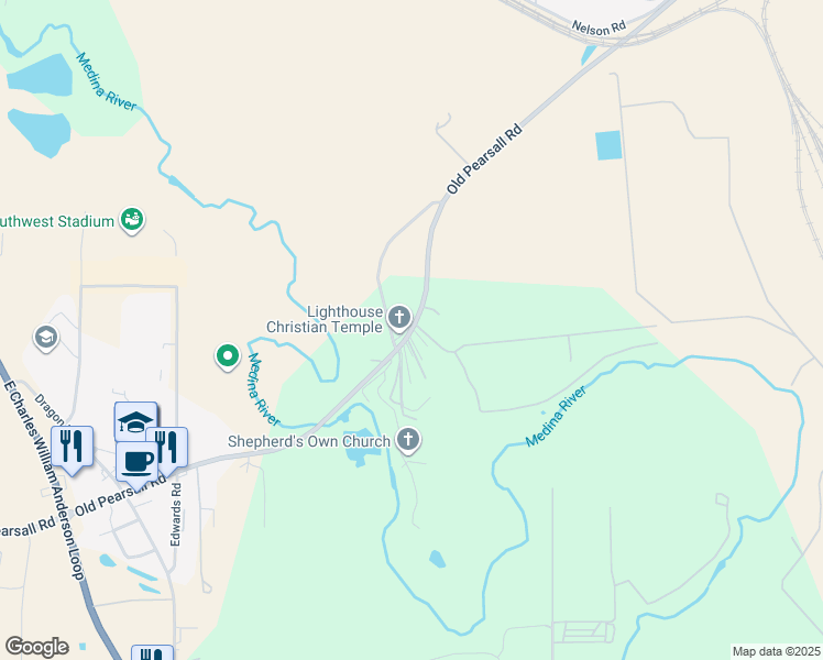 map of restaurants, bars, coffee shops, grocery stores, and more near 8191 Old Pearsall Road in San Antonio