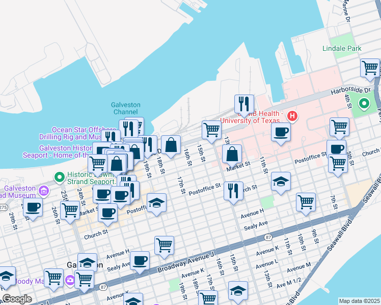 map of restaurants, bars, coffee shops, grocery stores, and more near 1524 Avenue B in Galveston