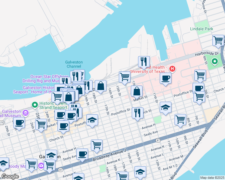 map of restaurants, bars, coffee shops, grocery stores, and more near 1524 Avenue B in Galveston