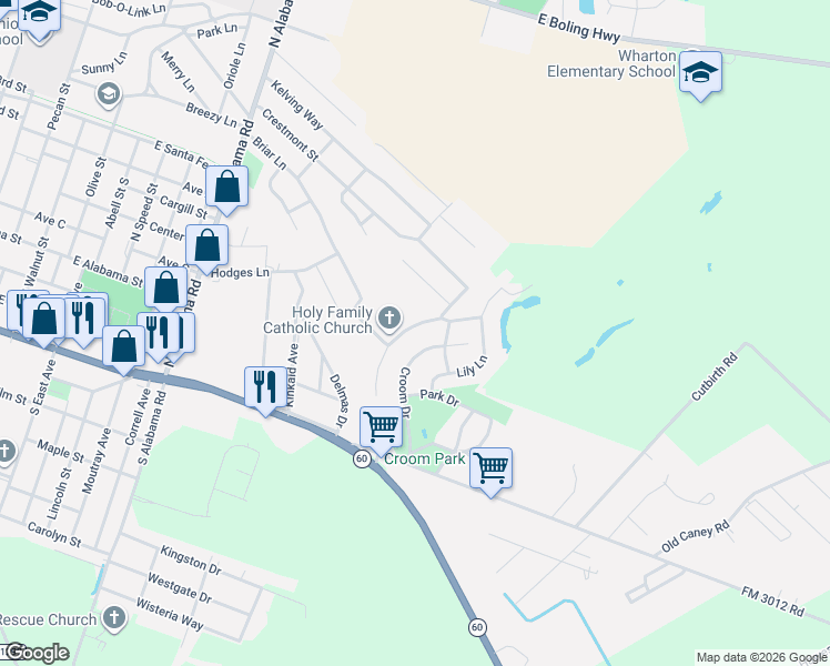 map of restaurants, bars, coffee shops, grocery stores, and more near 600 Price Drive in Wharton