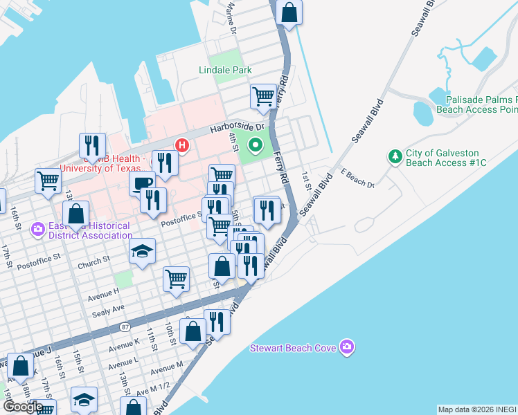 map of restaurants, bars, coffee shops, grocery stores, and more near 508 Holiday Drive in Galveston