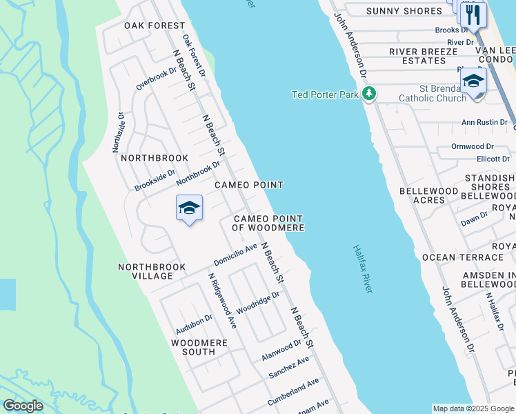 map of restaurants, bars, coffee shops, grocery stores, and more near 9 Tiffany Circle in Ormond Beach