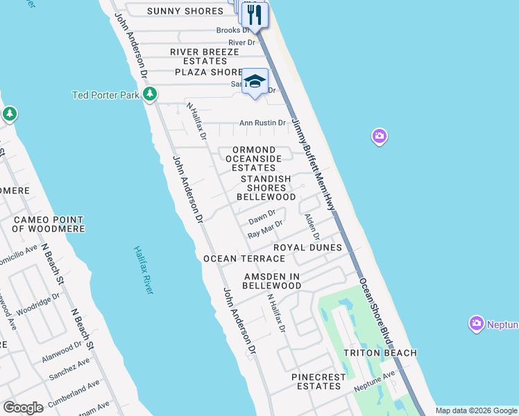 map of restaurants, bars, coffee shops, grocery stores, and more near 104 Dianne Drive in Ormond Beach