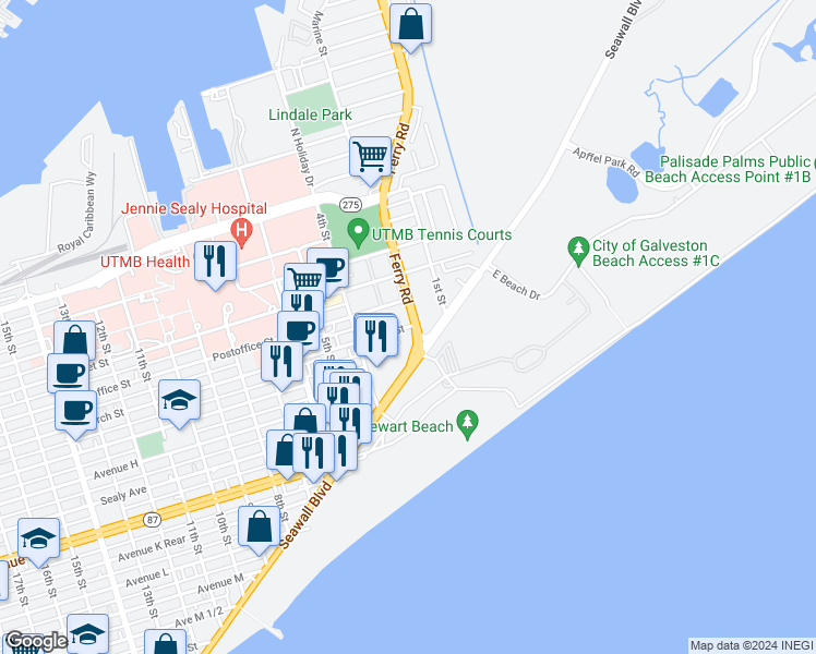 map of restaurants, bars, coffee shops, grocery stores, and more near 218 Church Rear Street in Galveston