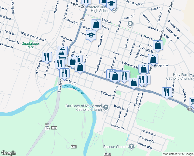 map of restaurants, bars, coffee shops, grocery stores, and more near 119 South Resident Street in Wharton