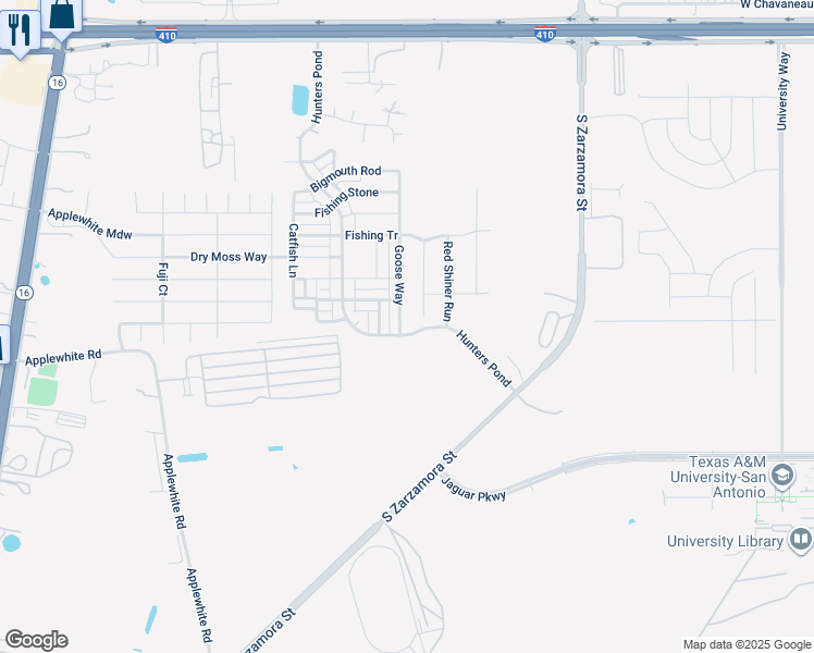 map of restaurants, bars, coffee shops, grocery stores, and more near 10730 Goose Way in San Antonio