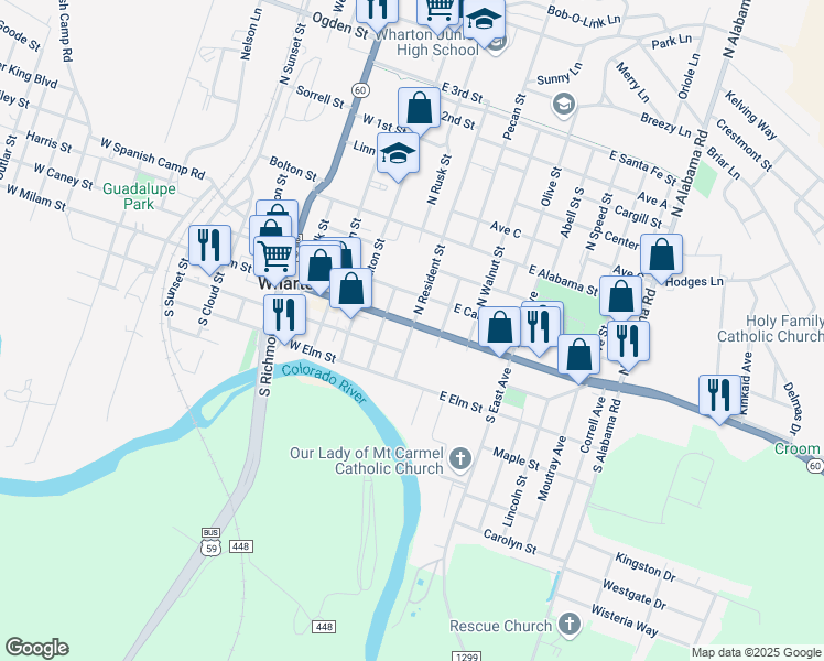 map of restaurants, bars, coffee shops, grocery stores, and more near 119 South Resident Street in Wharton