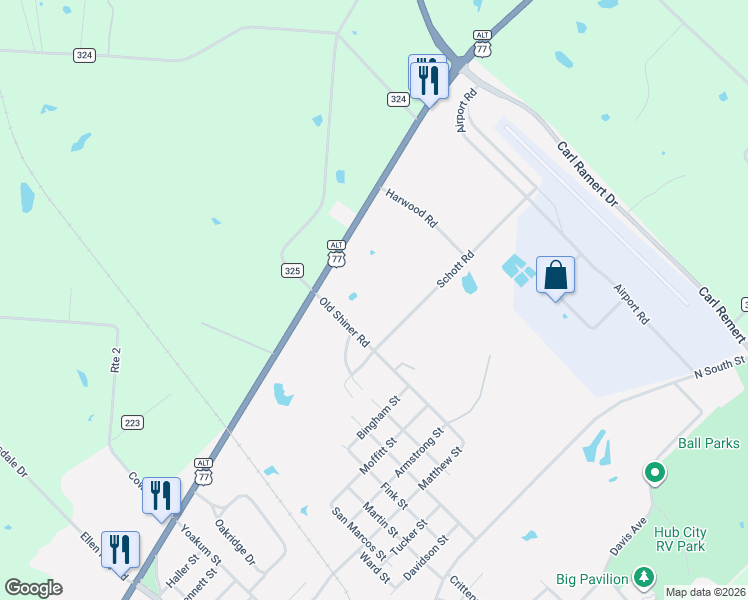 map of restaurants, bars, coffee shops, grocery stores, and more near 131 Schott Road in Yoakum
