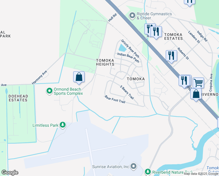 map of restaurants, bars, coffee shops, grocery stores, and more near 126 Bear Creek Path in Ormond Beach