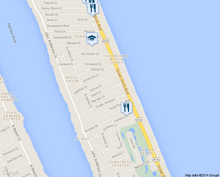 map of restaurants, bars, coffee shops, grocery stores, and more near 738 Alden Dr in Ormond Beach