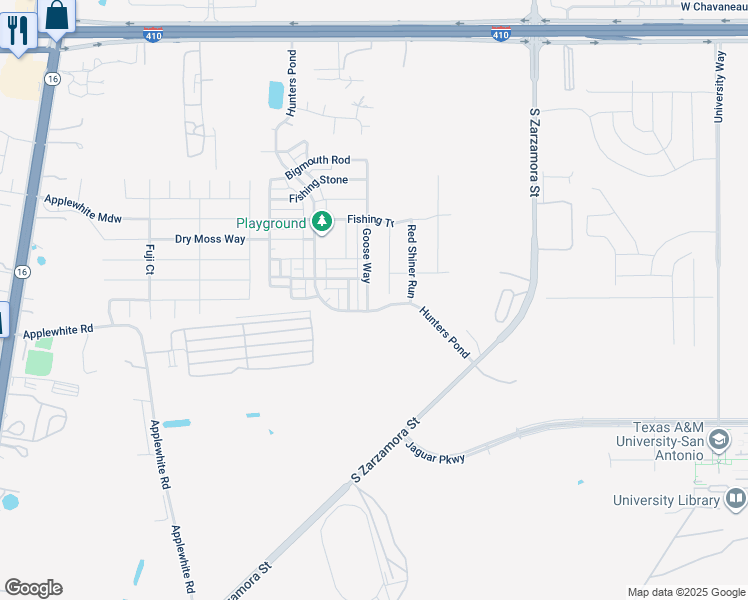 map of restaurants, bars, coffee shops, grocery stores, and more near 10730 Goose Way in San Antonio