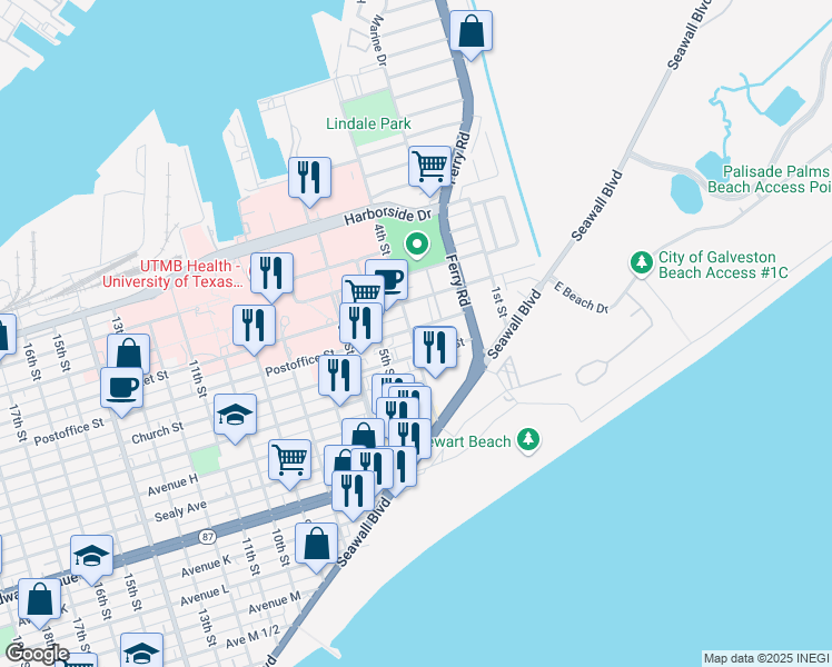 map of restaurants, bars, coffee shops, grocery stores, and more near 508 Holiday Drive in Galveston