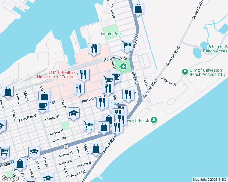 map of restaurants, bars, coffee shops, grocery stores, and more near 428 5th Street in Galveston