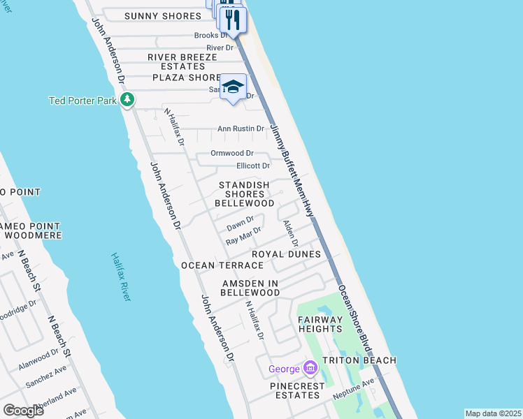 map of restaurants, bars, coffee shops, grocery stores, and more near 153 Dawn Drive in Ormond Beach