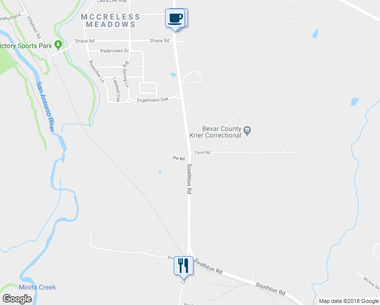 map of restaurants, bars, coffee shops, grocery stores, and more near 3600 Farm Road in San Antonio