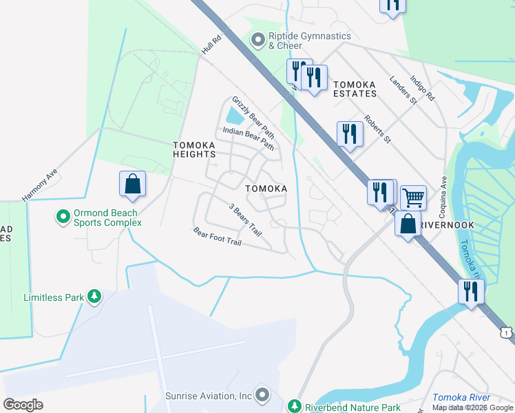 map of restaurants, bars, coffee shops, grocery stores, and more near 67 Gentle Ben Path in Ormond Beach