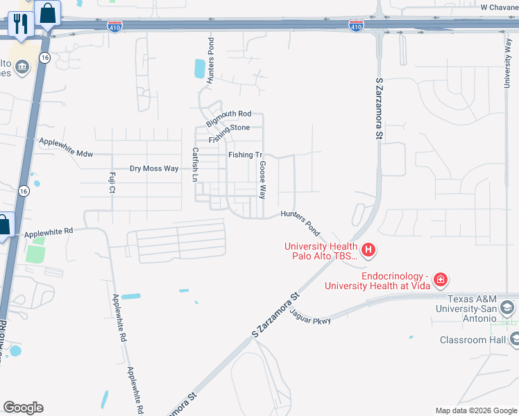 map of restaurants, bars, coffee shops, grocery stores, and more near 10723 Goose Way in San Antonio