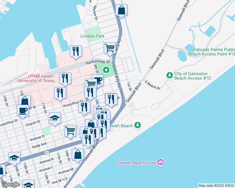 map of restaurants, bars, coffee shops, grocery stores, and more near 302 Church Street in Galveston
